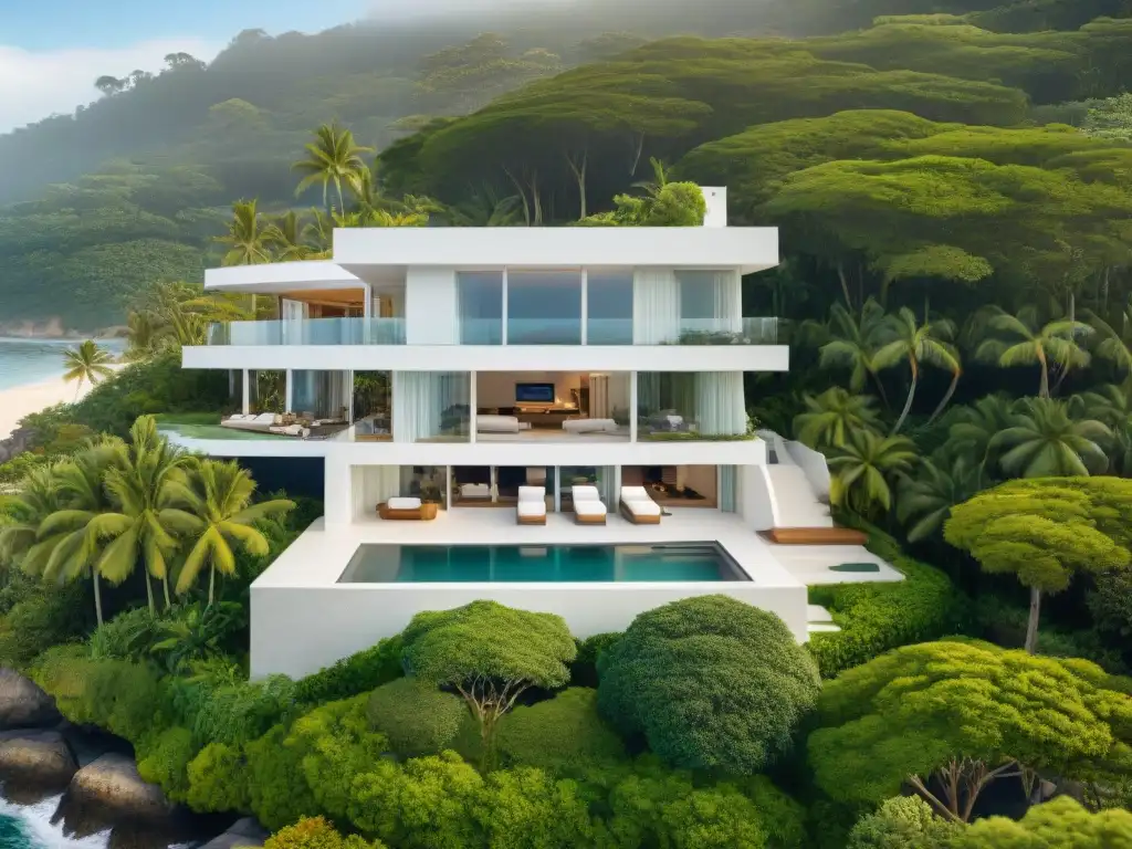 Residencia costera moderna: lujo tropical frente al mar Diseño de exteriores casas playa 2023: Casa moderna en la playa con paisajismo tropical exuberante y vistas al mar