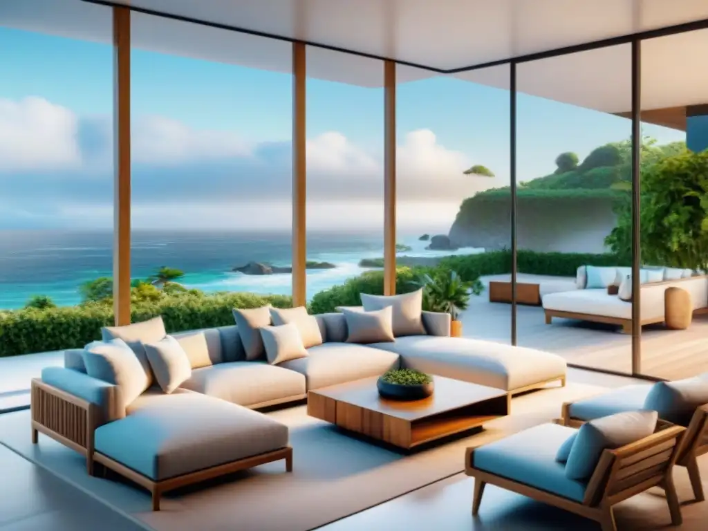 Exterior de casa de playa: Diseño moderno y elegante con vistas al mar Diseño de exteriores casas playa 2023: Casa de playa moderna con patio amplio, mobiliario elegante y vista al mar