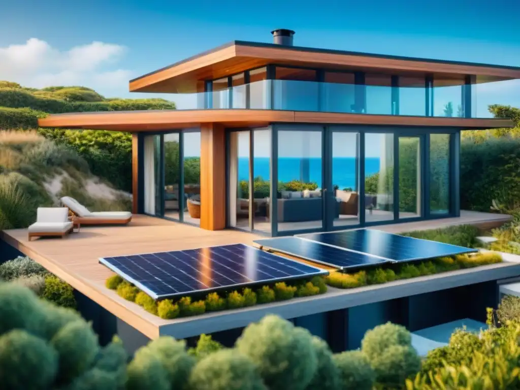 Vivienda playera sostenible con diseño innovador y eco-friendly Diseño de exteriores casas playa 2023: Casa de playa moderna con paneles solares, jardín verde y vista al mar
