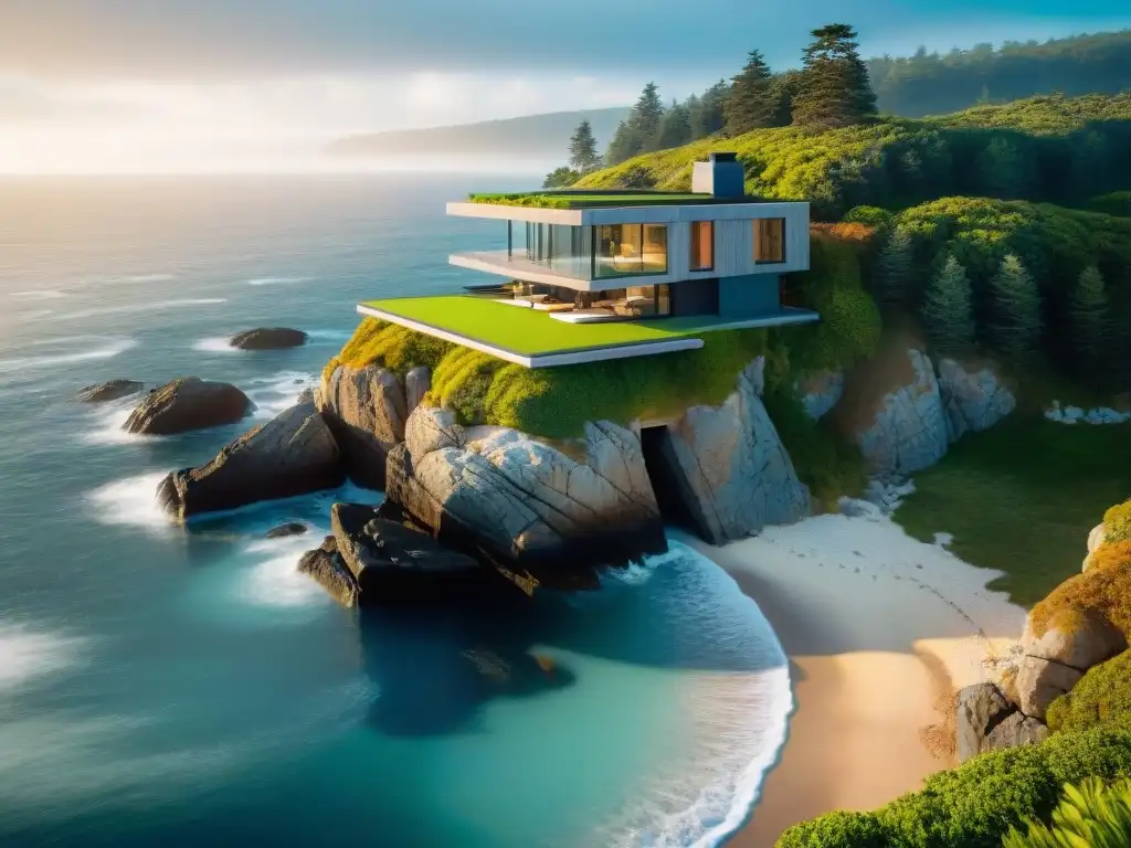 Residencia costera moderna: diseño innovador en armonía con la naturaleza Diseño innovador viviendas costeras: Casa moderna en acantilado con ventanales, techo verde y vista al mar