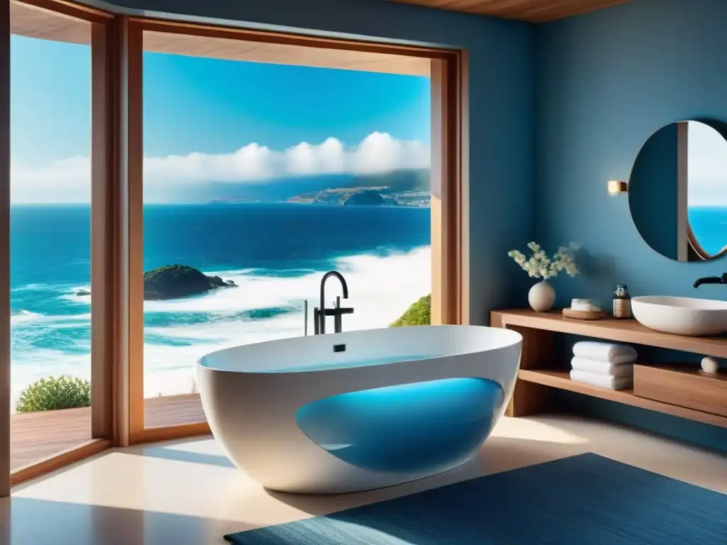 Baño de lujo con vista al mar: decoración marina y relajante Baño de diseño inspirado en el mar con bañera independiente y vista al océano, decorado en tonos azules y blancos