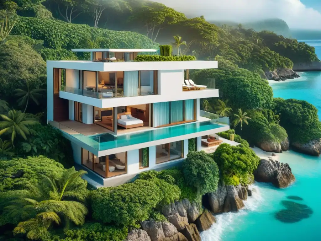 Casa de playa inteligente entre palmeras y mar turquesa Diseño inteligente en casas de playa: vista aérea de una casa compacta rodeada de palmeras, con terraza en la azotea y vista al mar turquesa