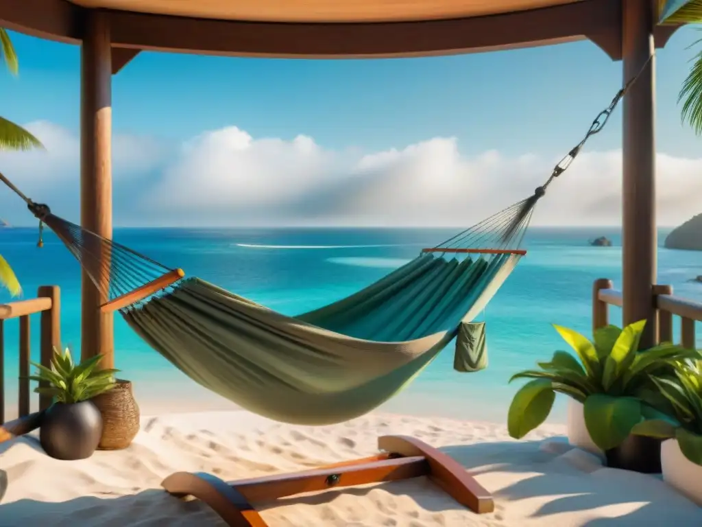 Paraíso playero: hamaca meciéndose frente al mar Diseño inteligente en casas de playa: terraza acogedora con hamaca meciéndose frente al mar y exuberante vegetación