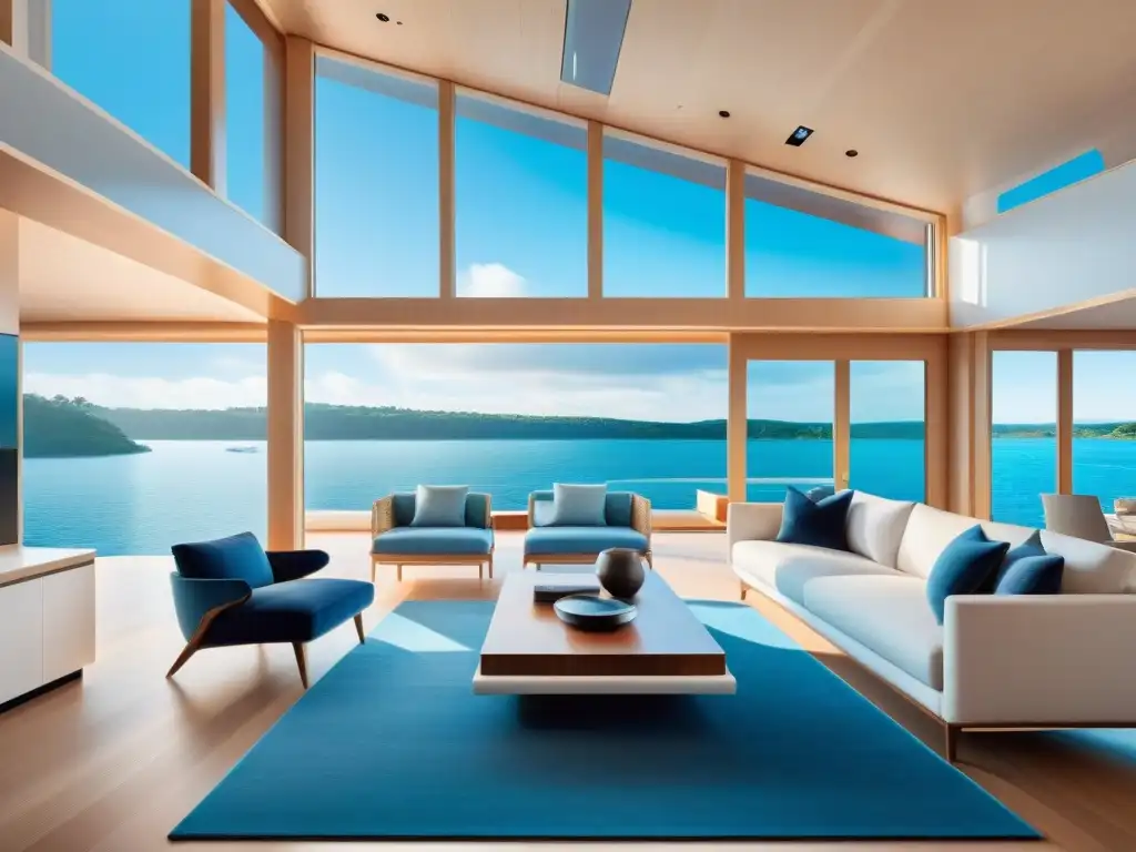 Casa flotante moderna con vista panorámica al agua Diseño de interiores casas flotantes: Moderna casa flotante con decoración náutica y vistas panorámicas al agua