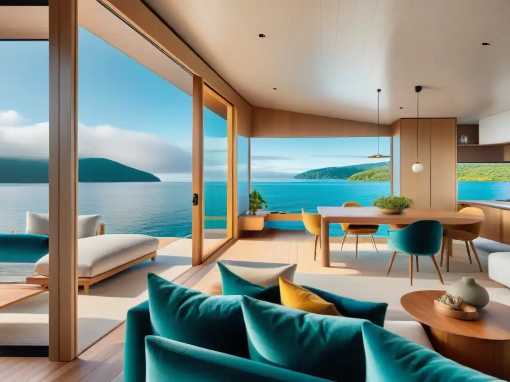 Interior moderno de casa flotante: armonía de colores y texturas Diseño de interiores en casas flotantes: sala, cocina y comedor en armonía con el agua, texturas y colores