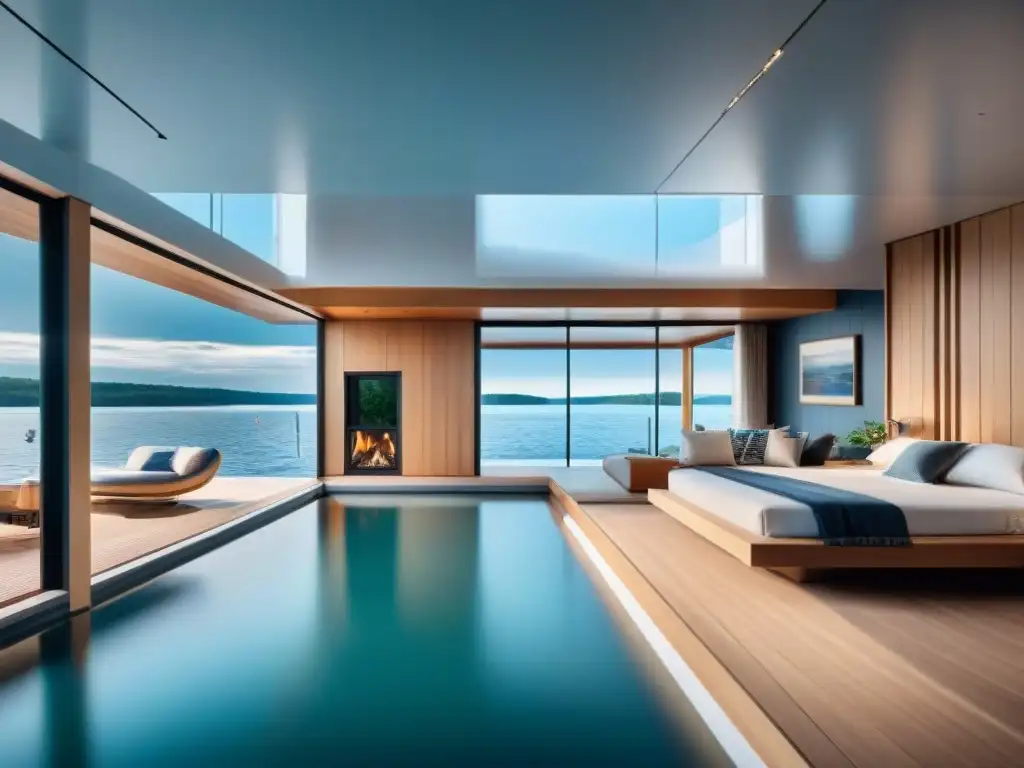 Diseño interior innovador en casa flotante: serenidad y minimalismo Diseño de interiores casas flotantes: Casa flotante moderna con ventanales grandes, muebles minimalistas y elementos naturales integrados