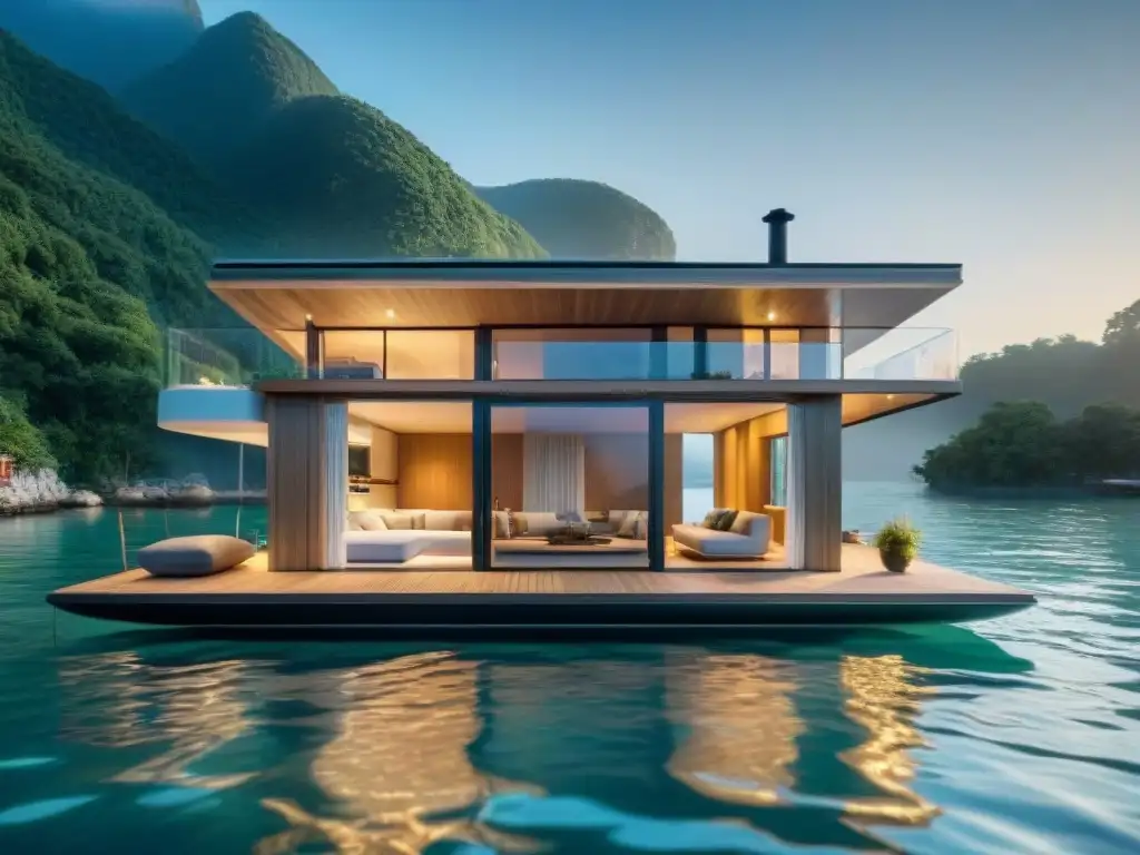Casa flotante sostenible: diseño moderno en armonía con la naturaleza Diseño de interiores casas flotantes: casa flotante moderna y sostenible con detalles innovadores y rodeada de agua cristalina