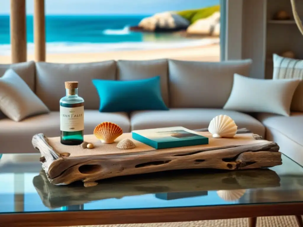 Mesa de madera a la deriva con conchas y libros de diseño costero Un diseño de interiores costeros tendencias: Mesa de madera a la deriva adornada con conchas y libros vintage, en una sala iluminada con vista al mar