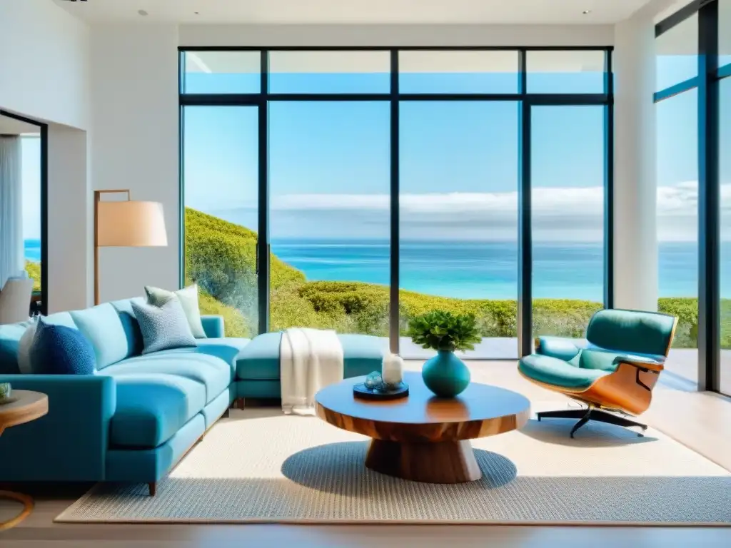 Diseño interior costero: sala moderna con vista al mar Diseño de interiores en propiedad costera: sala moderna con vista al mar, tonos neutros y toques de azul y verde