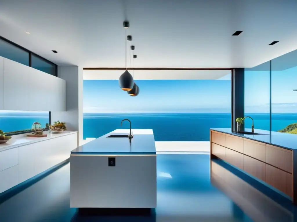 Cocina moderna con vista al mar: diseño minimalista y elegante Diseño minimalista en una cocina con vistas al mar, bañada por la luz del sol y acentos náuticos