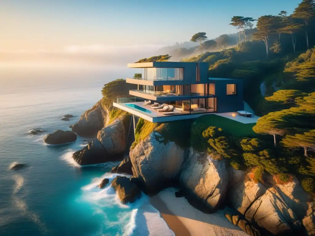 Residencia costera moderna con vista al mar: lujo y tranquilidad Diseño moderno de residencia con vistas al mar en acantilado, ventanales panorámicos y paisaje marino tranquilo