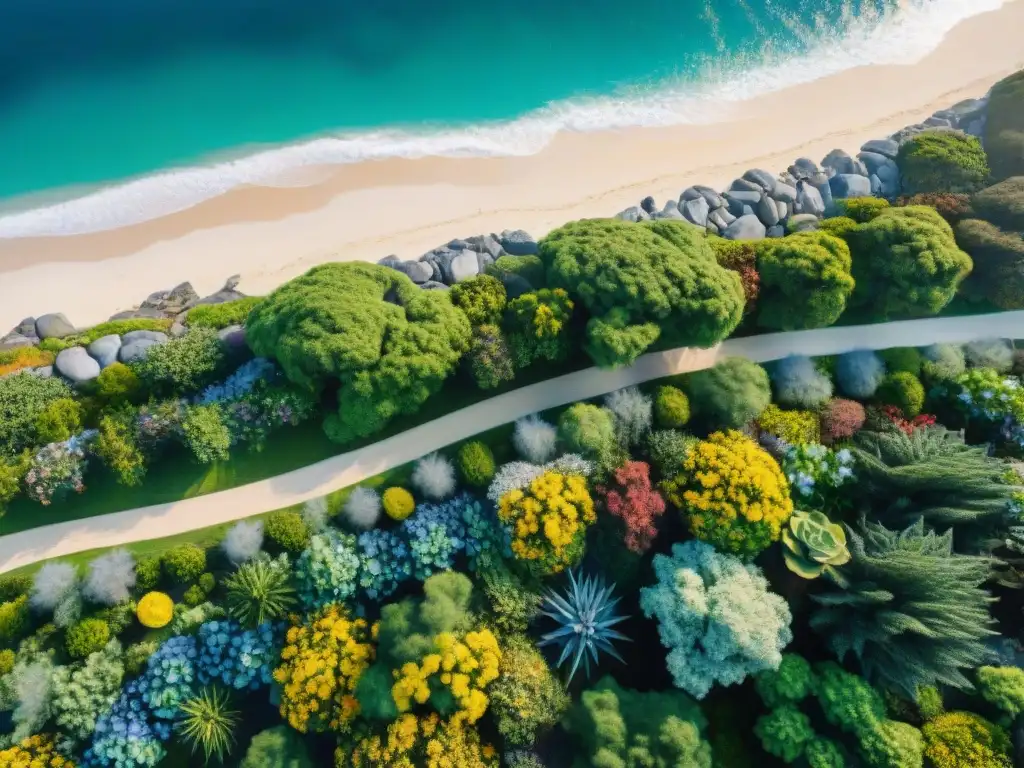 Diseño costero sostenible: armonía natural y belleza marina Un diseño paisajístico sostenible en una propiedad costera, con estrategias de paisajismo para integrar flora nativa y sistemas de riego ecofriendly