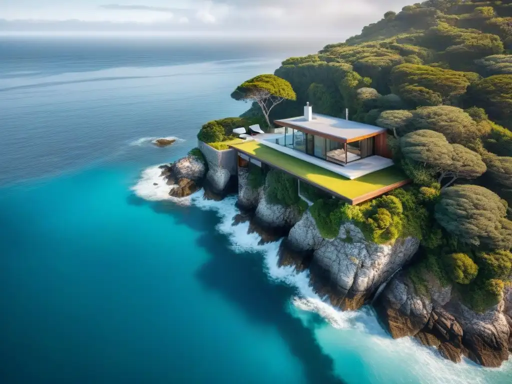 Propiedad costera moderna: vista aérea impresionante junto al mar Diseño de propiedad costera con vistas al mar: casa moderna en acantilado, integrada con el paisaje natural