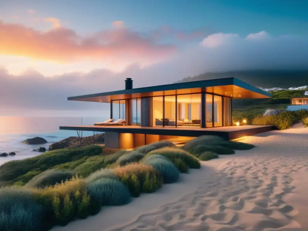 Propiedad costera sostenible en armonía con la naturaleza Diseño de propiedades costeras tendencias 2024: moderna casa frente al mar con paneles solares y armonía con el entorno natural al atardecer