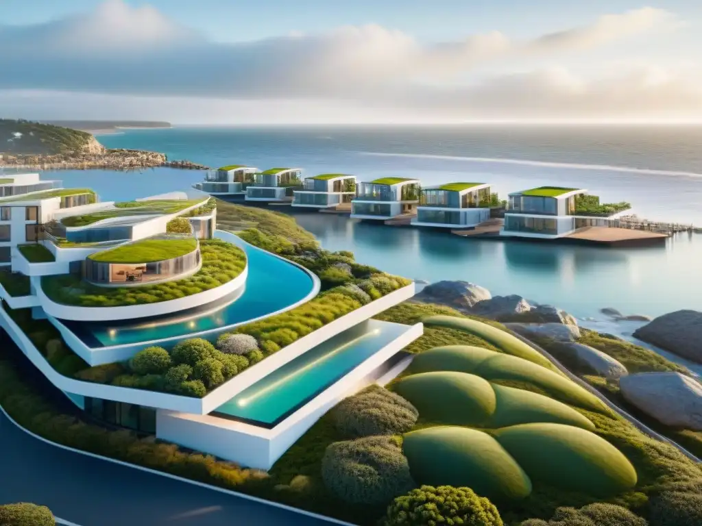 Arquitectura resiliente en costa: integración natural y diseño sostenible Diseños resilientes propiedades costeras: Arquitectura moderna integrada con paisaje costero, resistente y sostenible