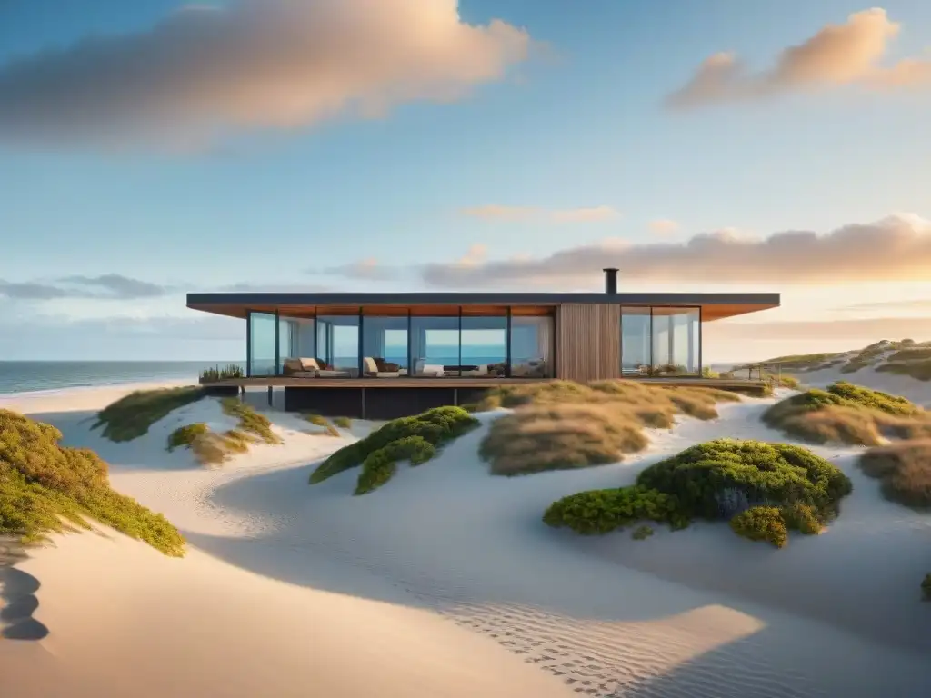 Propiedad costera resiliente: diseño moderno y sostenible Diseños resilientes propiedades costeras: Casa moderna con jardín en la azotea y familia paseando al atardecer en la playa