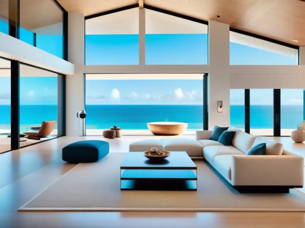 Vivienda inteligente en la playa: lujo y tecnología integrados Domótica en casa de playa: tecnología inteligente en un hogar moderno frente al mar, con vistas panorámicas al océano