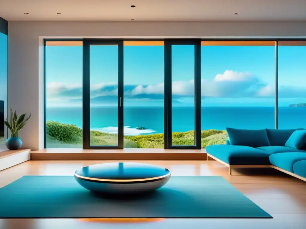 Sistema domótico para hogares costeros: modernidad integrada Domótica para hogares costeros: Un sistema moderno integrado en un hogar frente al mar, con panel de control y vista al océano