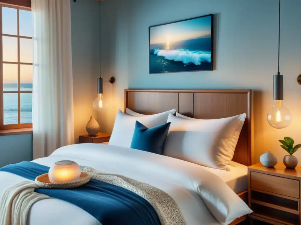 Diseño costero acogedor y relajante Dormitorio costero acogedor con iluminación estratégica, decoración playera y ambiente relajante