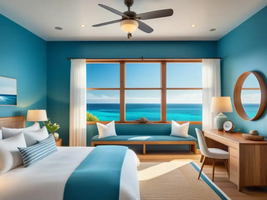 Habitación costera serena con vista al mar turquesa Un dormitorio costero sereno con detalles náuticos, ventana con cortinas blancas y vista al mar turquesa