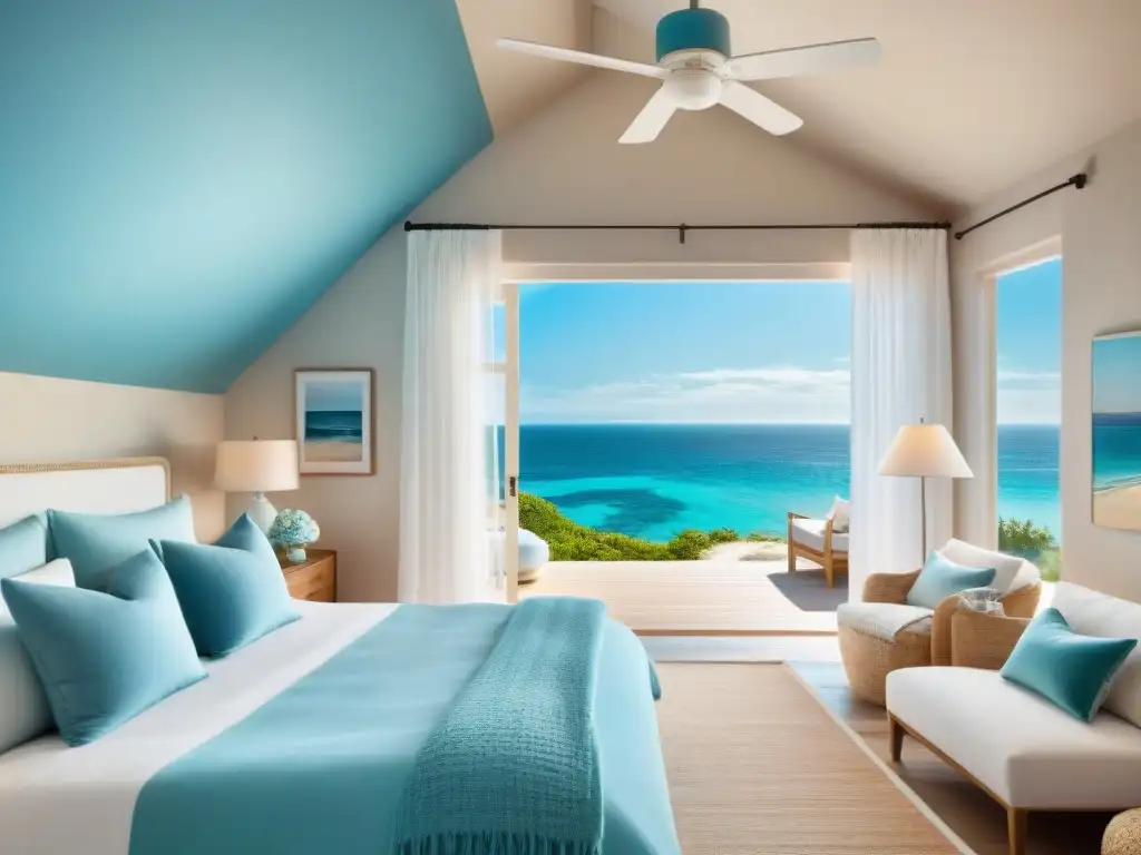 Escapada costera: dormitorio sereno con ventana al océano Un dormitorio costero sereno con decoración en tonos suaves y vista al océano turquesa