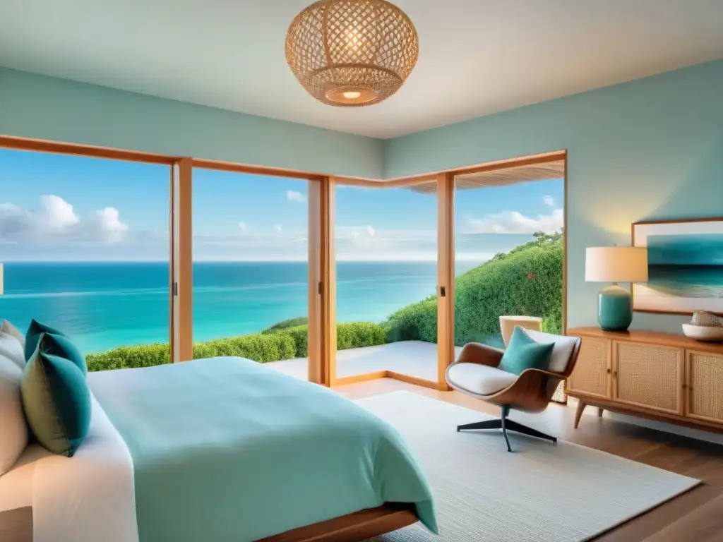 Dormitorio costero de lujo: vistas al mar y elegancia playera Un dormitorio principal hogar costero de lujo con vista al mar, cama king-size y decoración costera elegante