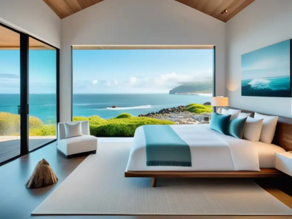 Diseño costero de lujo: dormitorio principal con vista al mar Dormitorio principal hogar costero con cama king size, ventanas al mar, decoración elegante y acogedora