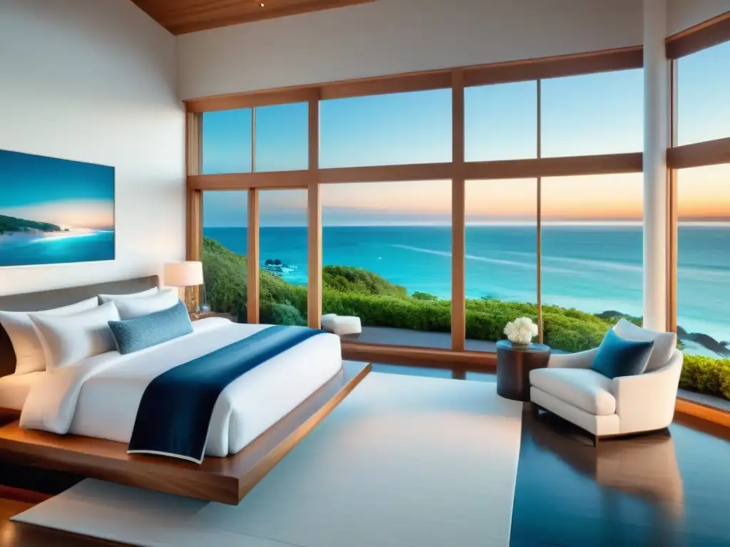 Suite costera de lujo con vista al mar: oasis de tranquilidad Un dormitorio principal hogar costero de lujo con vistas al mar, cama king size, decoración elegante y luz suave