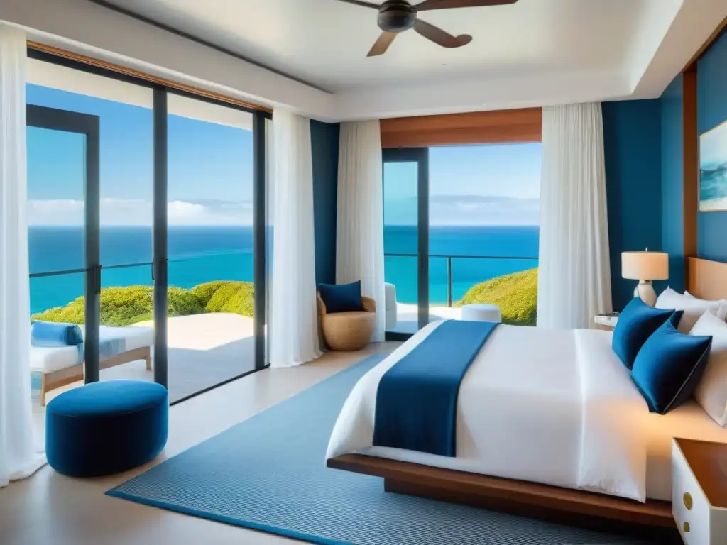 Espléndida vista aérea: Dormitorio principal en casa de lujo frente al mar Dormitorio principal en hogar costero de lujo con vista al mar y decoración náutica
