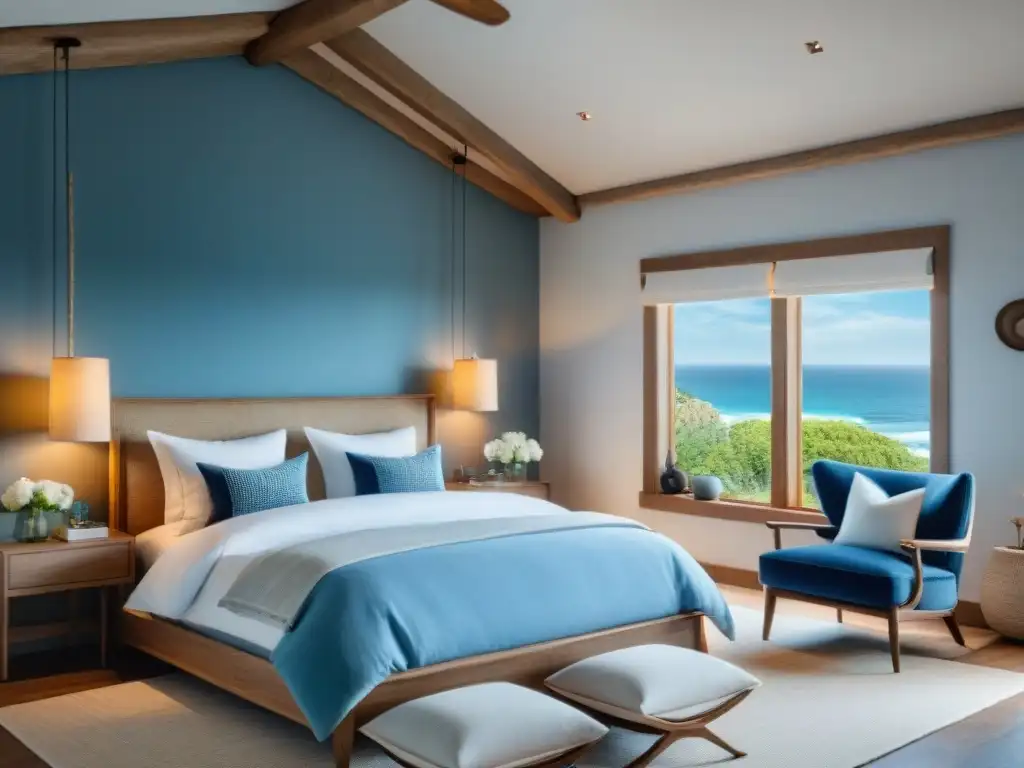 Suite costera serena con vistas al océano Dormitorio principal hogar costero con cama con dosel, muebles de madera a la deriva y tonos azules suaves