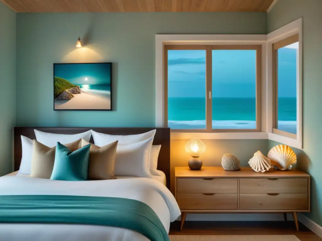 Acogedor dormitorio costero iluminado por la suave luz del mar Decoración para dormitorios costeros: Acogedor dormitorio costero iluminado por suave luz cálida, con cortinas ondeando y decoración marina