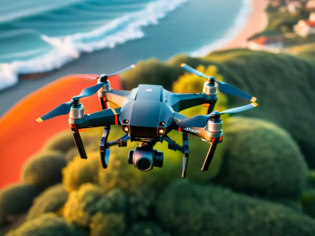 Drone de seguridad sobre propiedad costera al atardecer Drone de seguridad en propiedad costera capturando atardecer naranja sobre el mar