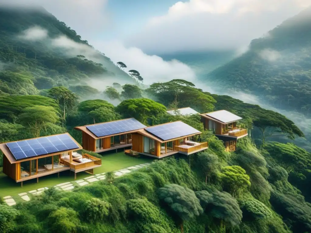 Resort ecológico: lujo sostenible en bosque verde Un eco resort de diseño sostenible integrado en un exuberante bosque, con paneles solares y techos verdes