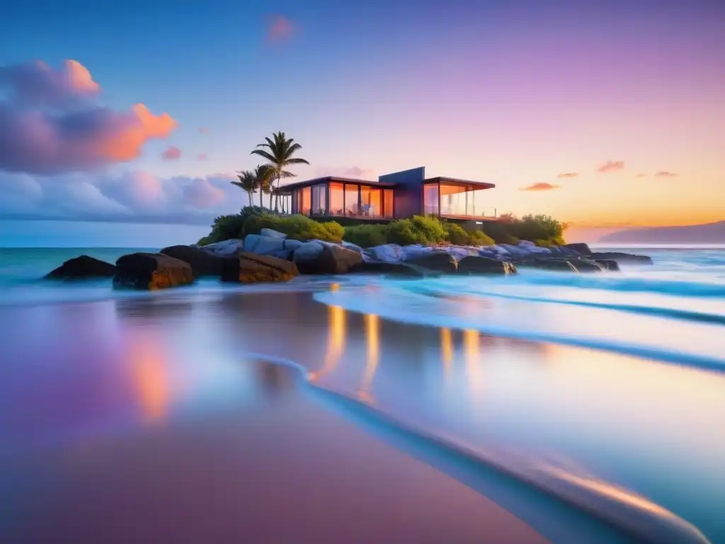 Amanecer en playa virgen con eco-villa integrada Villa ecofriendly en playa virgen al amanecer, en armonía con la naturaleza