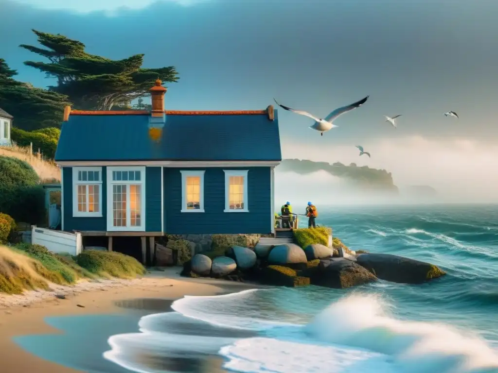 Restauración costera: Renovando una cabaña junto al mar 'Restauración económica hogar costero: Casa de playa en restauración con luz matinal y pintores trabajando