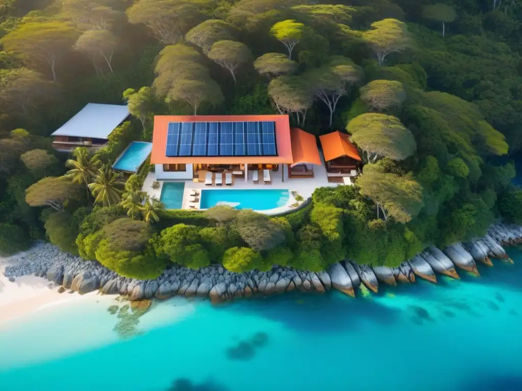 EcoResort sostenible: lujo y naturaleza en armonía Un EcoResort costero sostenible con actividades ecoamigables como kayak y snorkel, rodeado de naturaleza exuberante y aguas cristalinas