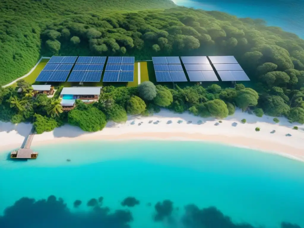 EcoResort sostenible en paraíso costero: sol, mar y turismo ecológico Un eco-resort costero sostenible rodeado de naturaleza exuberante y aguas cristalinas, donde los huéspedes disfrutan de actividades ecológicas