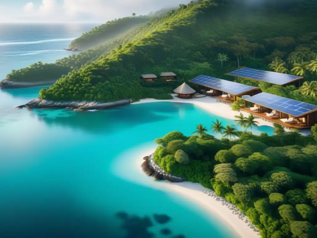 EcoResort sostenible: lujo en armonía con la naturaleza Un EcoResort costero sostenible rodeado de vegetación exuberante y aguas turquesas, en armonía con la naturaleza