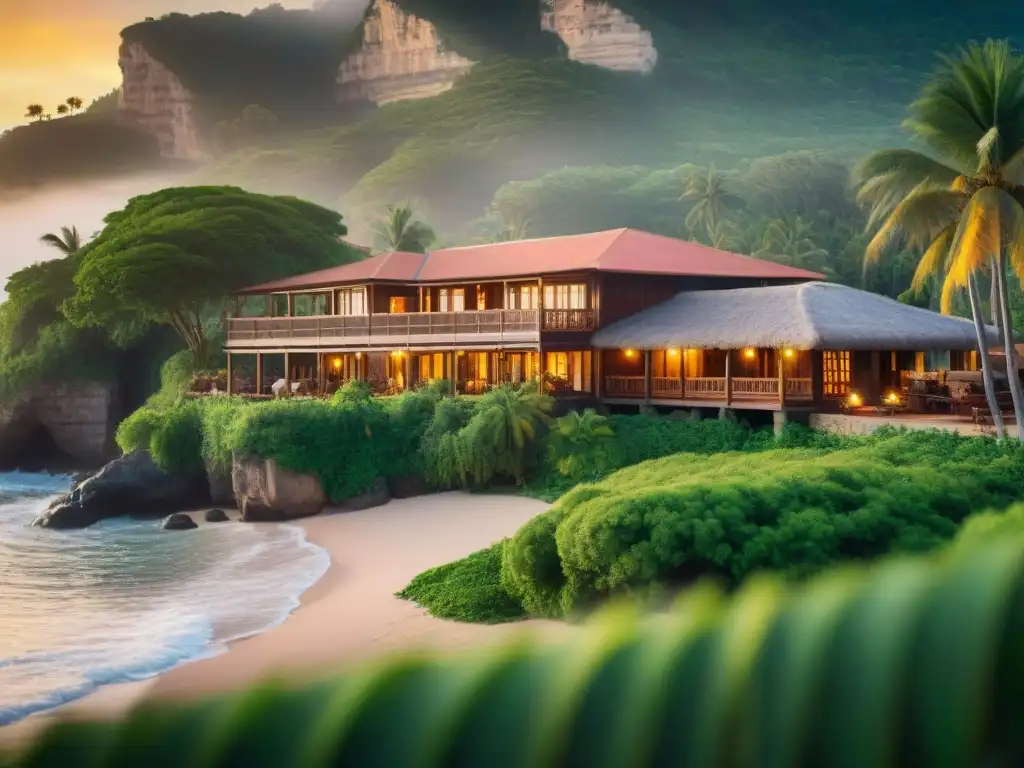 Puesta de sol en ecoresort histórico entre palmeras Un ecoresort histórico en la costa, bañado por el cálido atardecer entre palmeras exuberantes