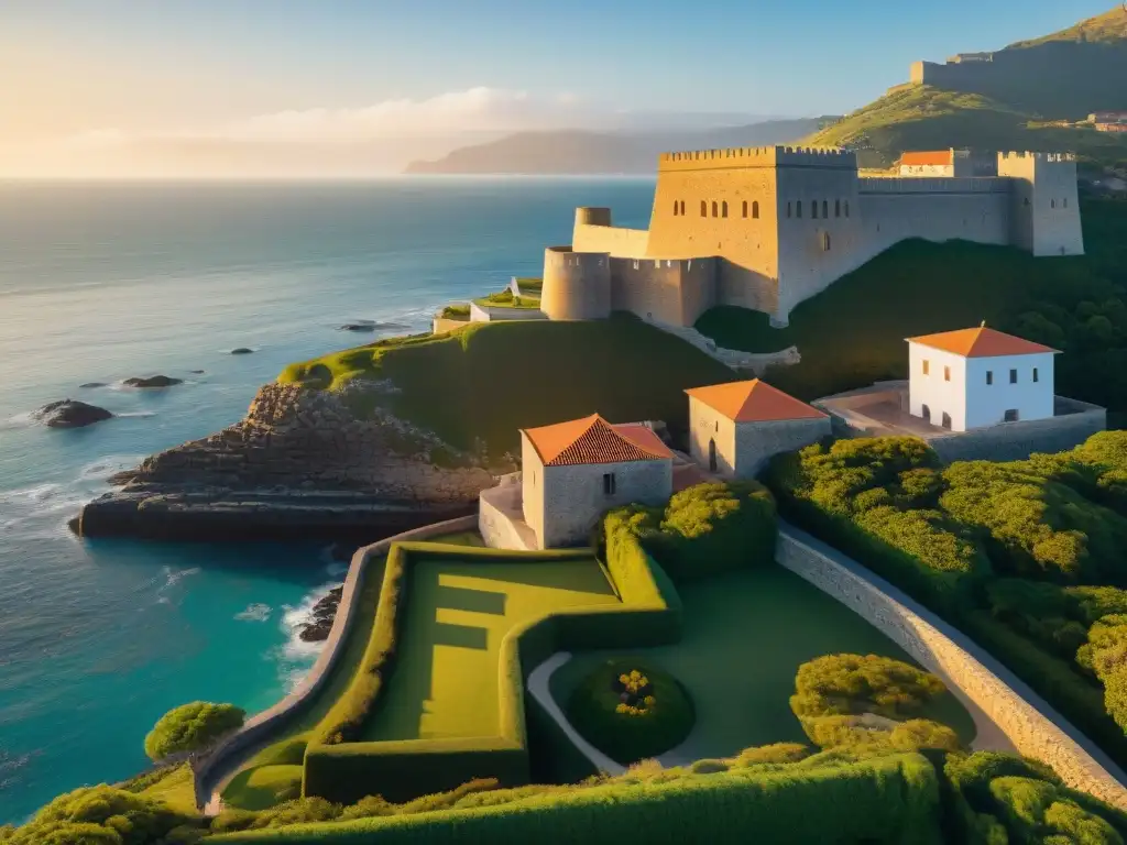 Arquitectura sostenible en fortaleza costera EcoResort histórico en la costa: fusión perfecta de arquitectura sostenible y fortaleza histórica al atardecer