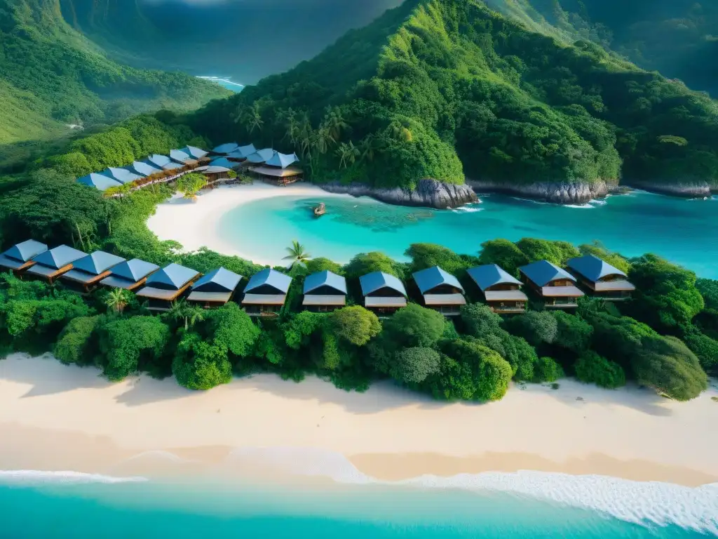 EcoResort de lujo en paraíso costero: sostenibilidad y opulencia Un EcoResort de lujo responsable costero integrado en la naturaleza, con huéspedes disfrutando de la playa y del yoga frente al mar