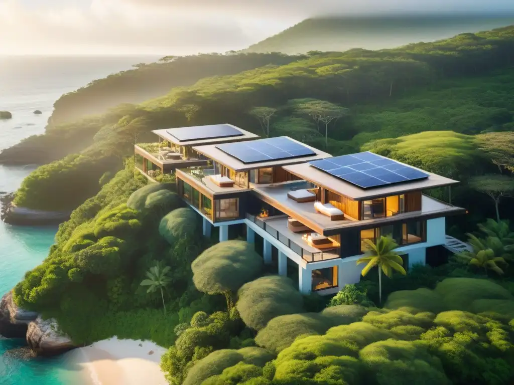 Resort ecológico: lujo sostenible en armonía con la naturaleza Un EcoResort moderno con Arquitectura Verde integrada en la naturaleza costera, enfatizando sostenibilidad y lujo
