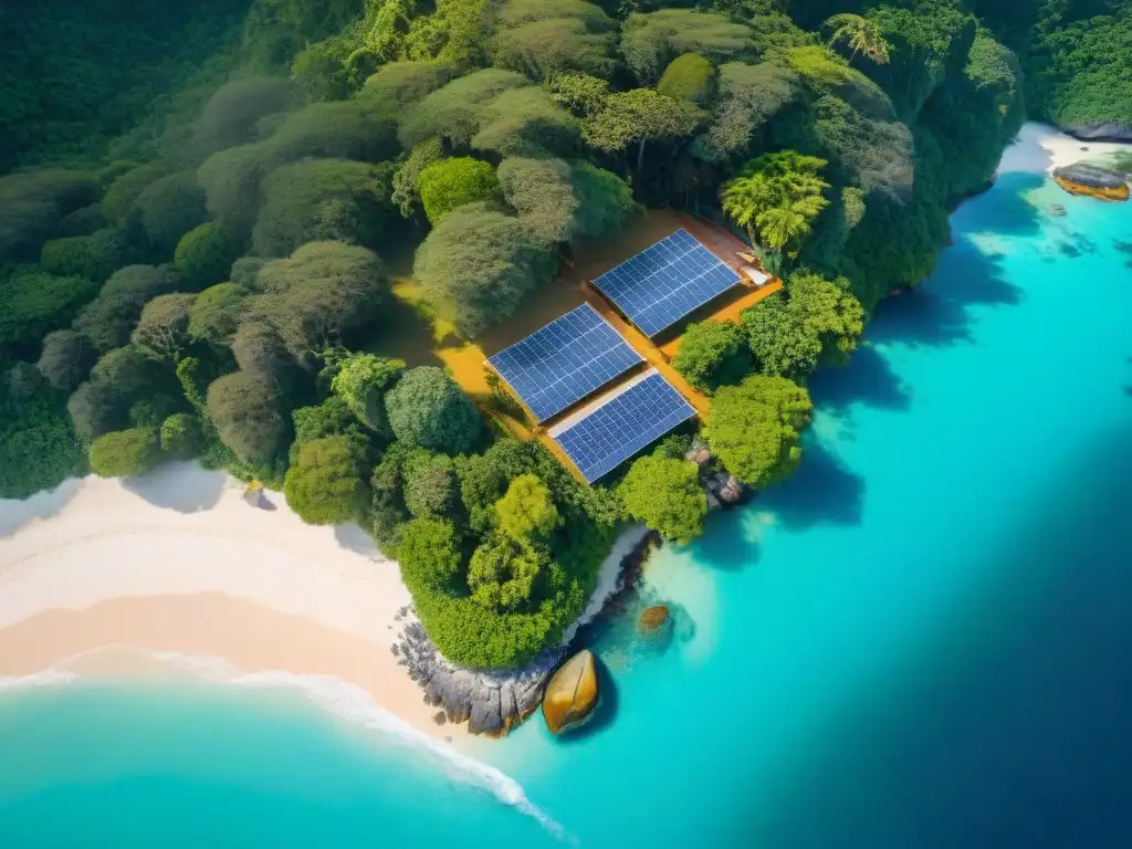 EcoResort sostenible: lujo en armonía con la naturaleza marina Un EcoResort sostenible junto al mar: paneles solares, vegetación exuberante y aguas turquesa cristalinas donde nadan tortugas marinas