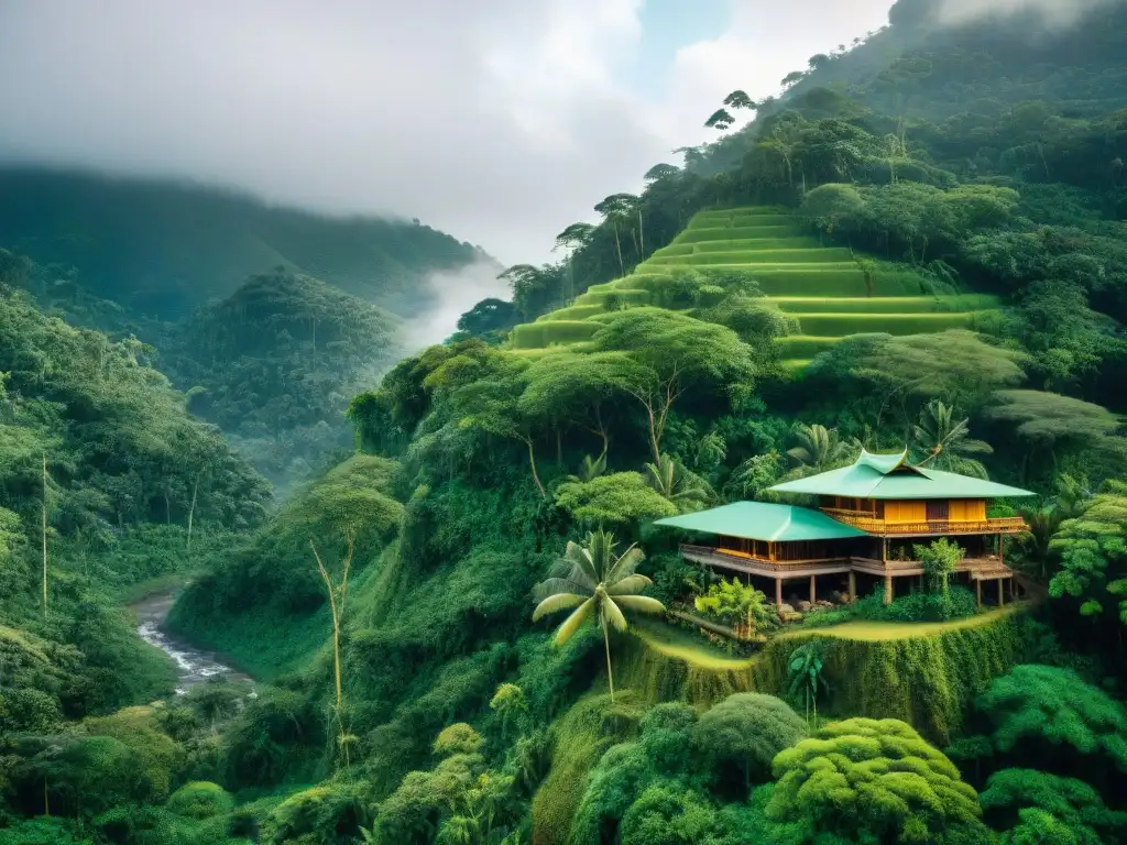 Paraíso eco-sostenible en la selva: arquitectura, artesanía y naturaleza Un EcoResort sostenible en la selva, con diseño ecofriendly y artesanías locales, rodeado de flora y fauna