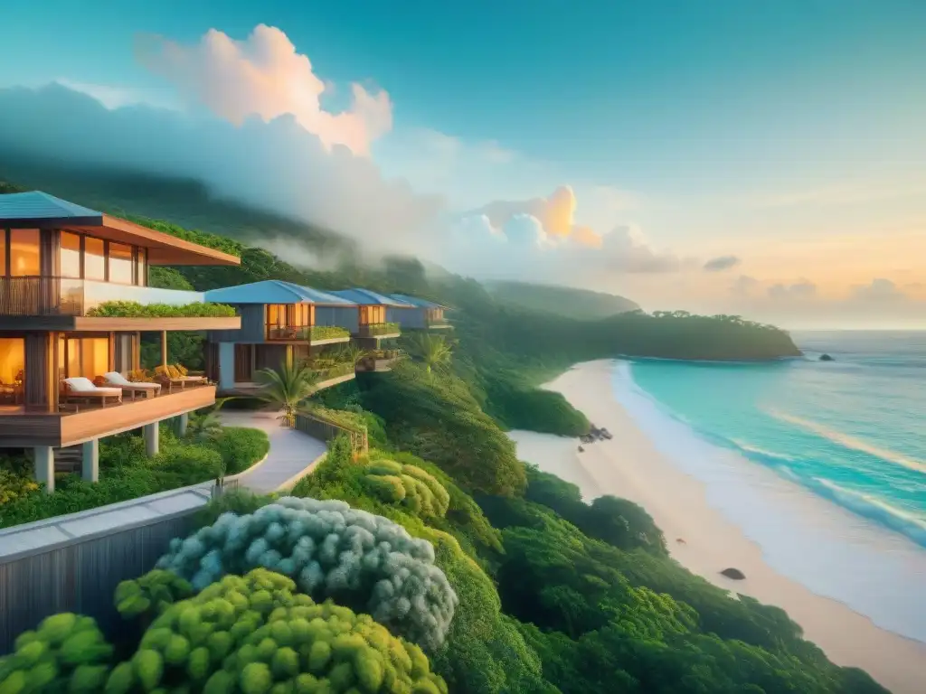 Resort ecológico: armonía costera y diseño sostenible Un eco-resort vanguardista en armonía con la naturaleza costera
