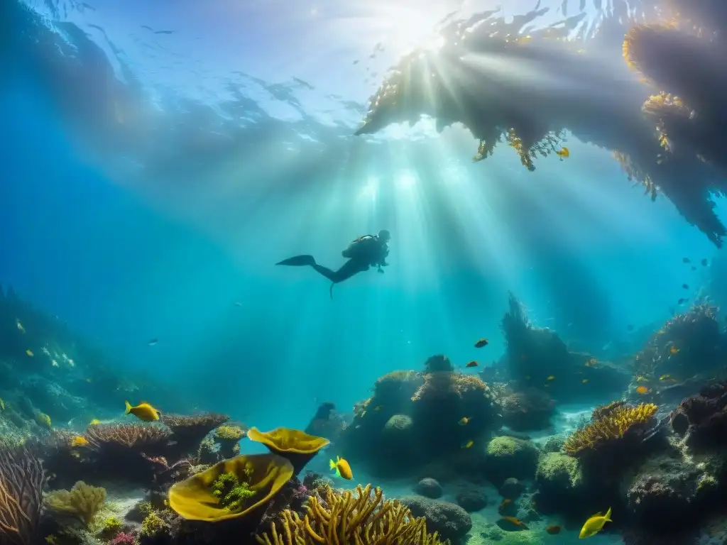 Majestuoso ecosistema submarino en un bosque de algas Un ecosistema submarino diverso y detallado en un bosque de kelp, resaltando la importancia ecológica de estos hábitats marinos