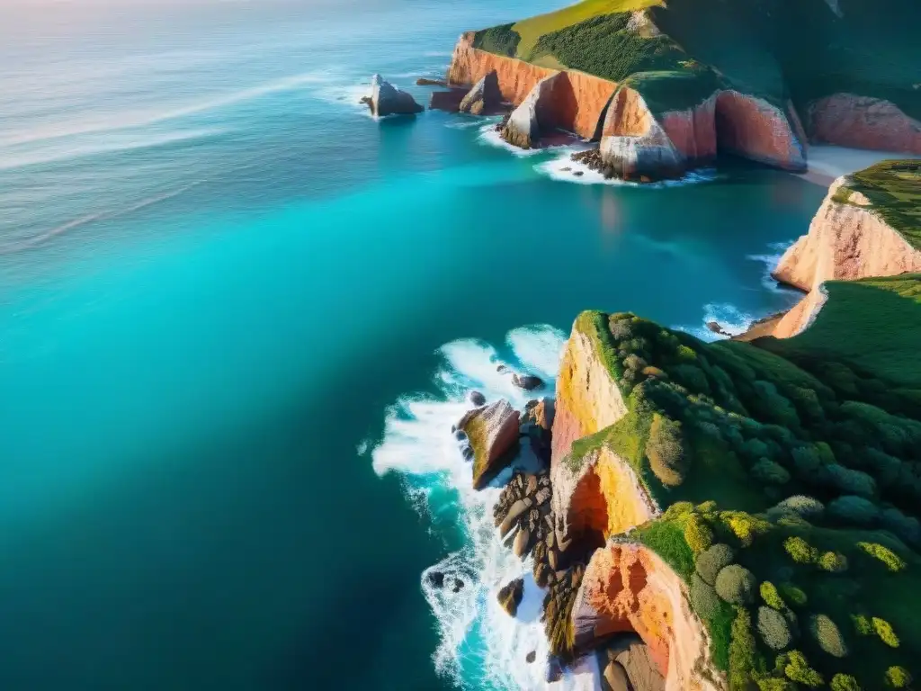 Paisaje costero al atardecer: acantilados, mar y gaviotas Edición fotos realzar belleza litoral: Acantilados al atardecer, gaviotas y mar turquesa
