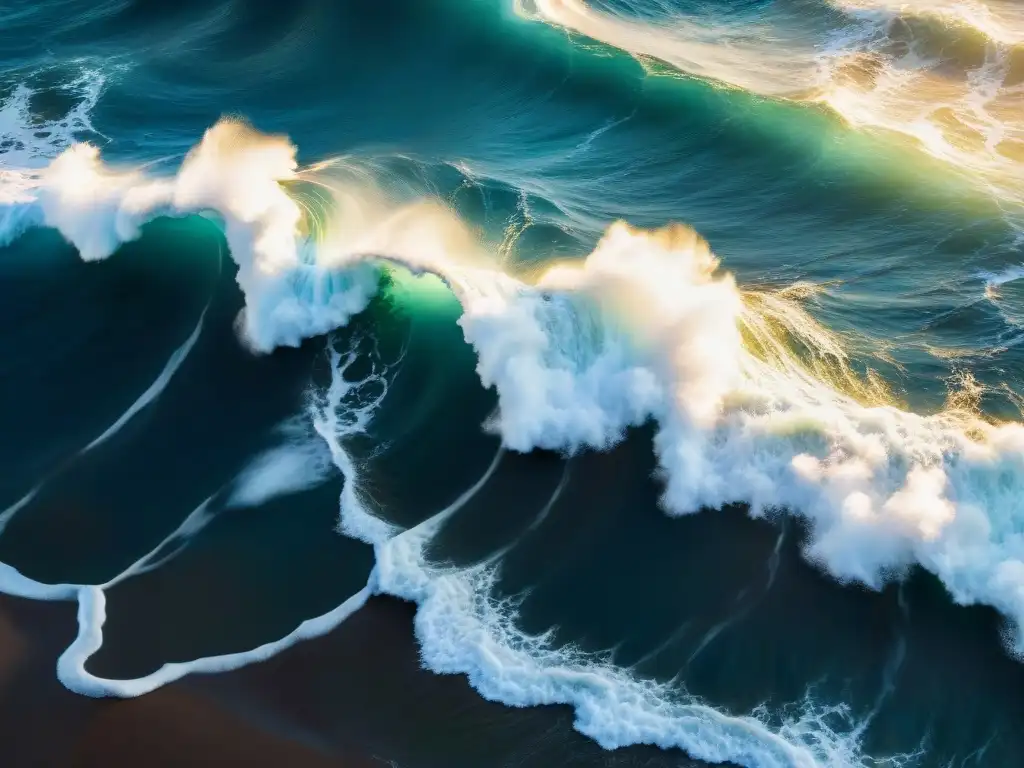 Maravillosas olas del mar al atardecer Edición de fotos para mar: Ola rompiendo en la costa rocosa al atardecer, con la luz dorada iluminando el azul profundo del mar