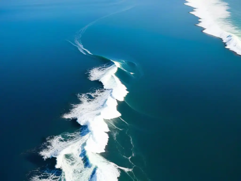Océano infinito: luz y sombra en las olas Edición de fotos para mar: Vista aérea del vasto océano azul con olas blancas chocando en la costa rocosa, seagulls sobrevolando en el cielo