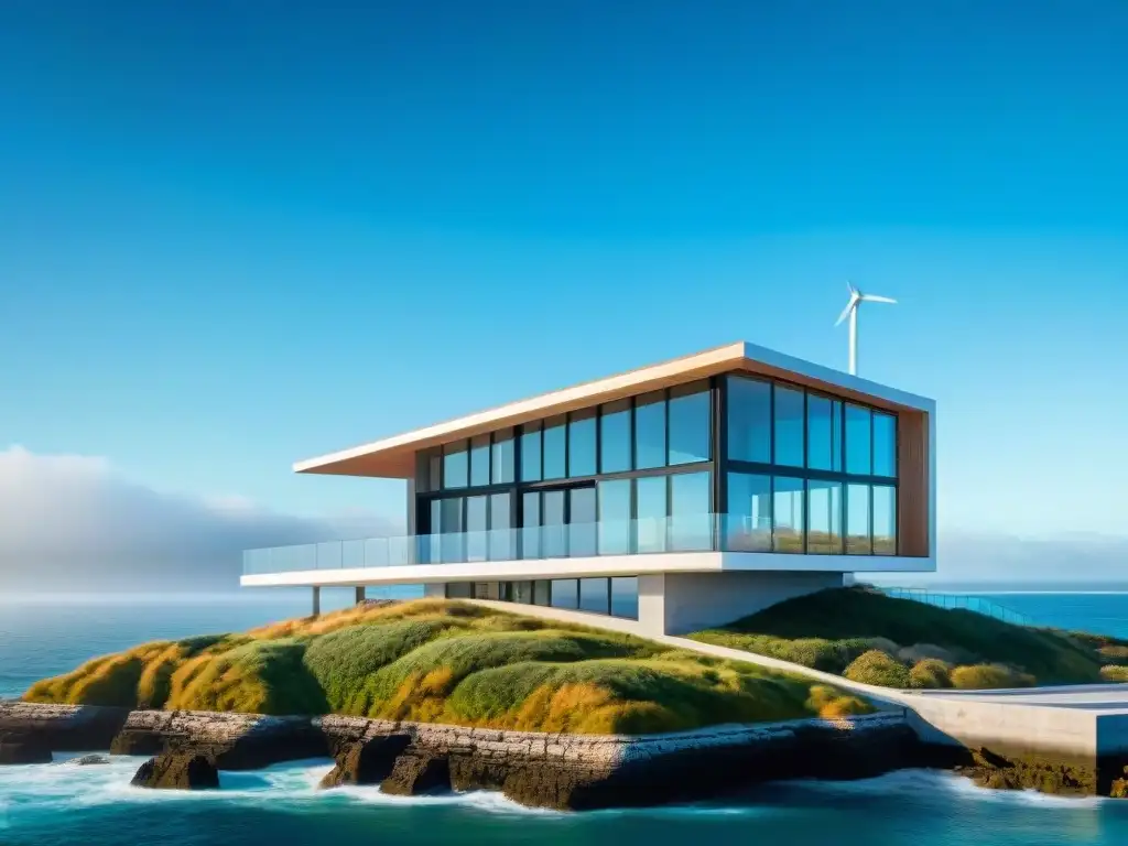 Arquitectura bioclimática costera: diseño moderno y sostenible Edificio costero moderno con arquitectura bioclimática y diseño innovador, frente al mar bajo cielo azul